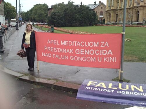 Hiljade ljudi je u subotu moglo vidjeti ovaj plakat: 'Apel meditacijom za prestanak genocida nad Falun Gongom u Kini'