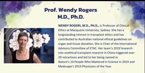 Wendy Rogers govorila je na forumu koji je 24. veljače 2021. organizirala Međunarodna koalicija za zaustavljanje zloupotrebe transplantacija u Kini (ETAC).