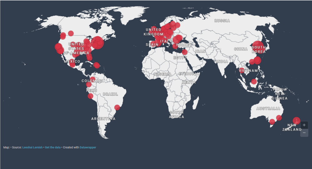 Karte der versuchten Störungen von Shen Yun-Aufführungen in 38 Länder